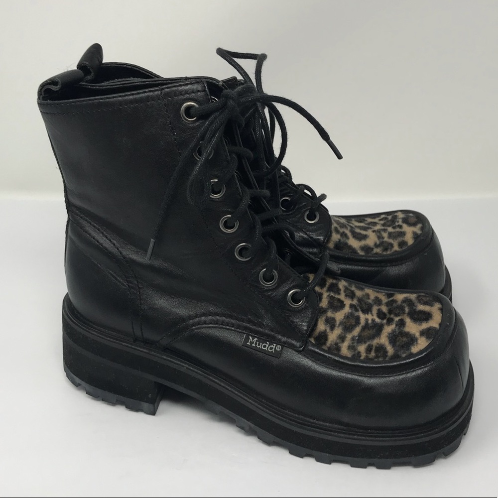 Mudd Black Combat Boots with Leopard Print Panel